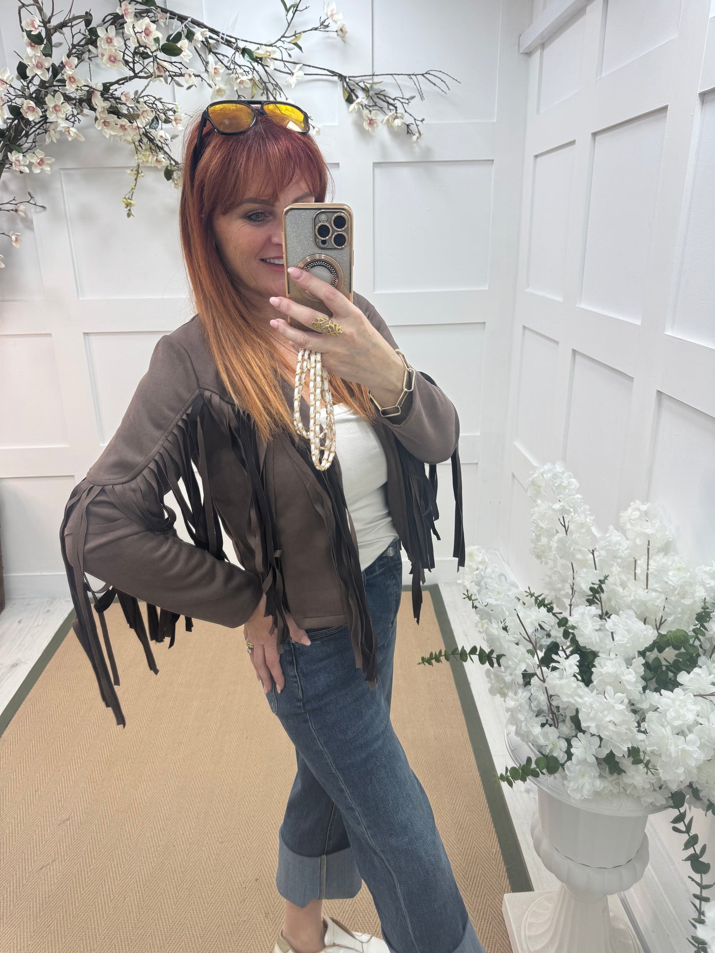 Heidi: Brown short suede fringe jacket. One size: 8-14