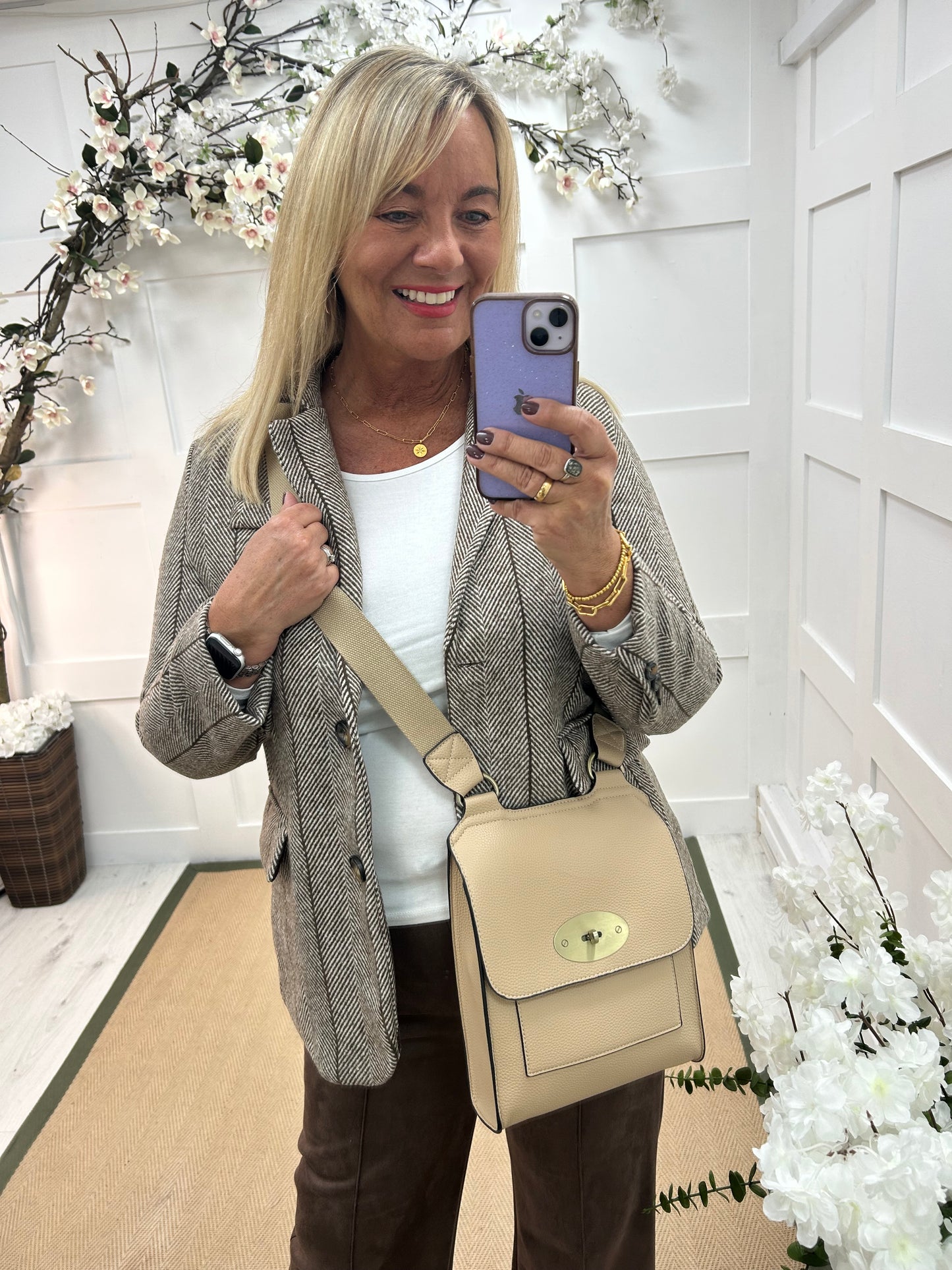 Bernie: Brown herringbone tweed blazer. One size: 12-16