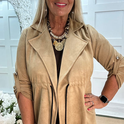 Marina: Sand long suedette trench coat. One size 12-18