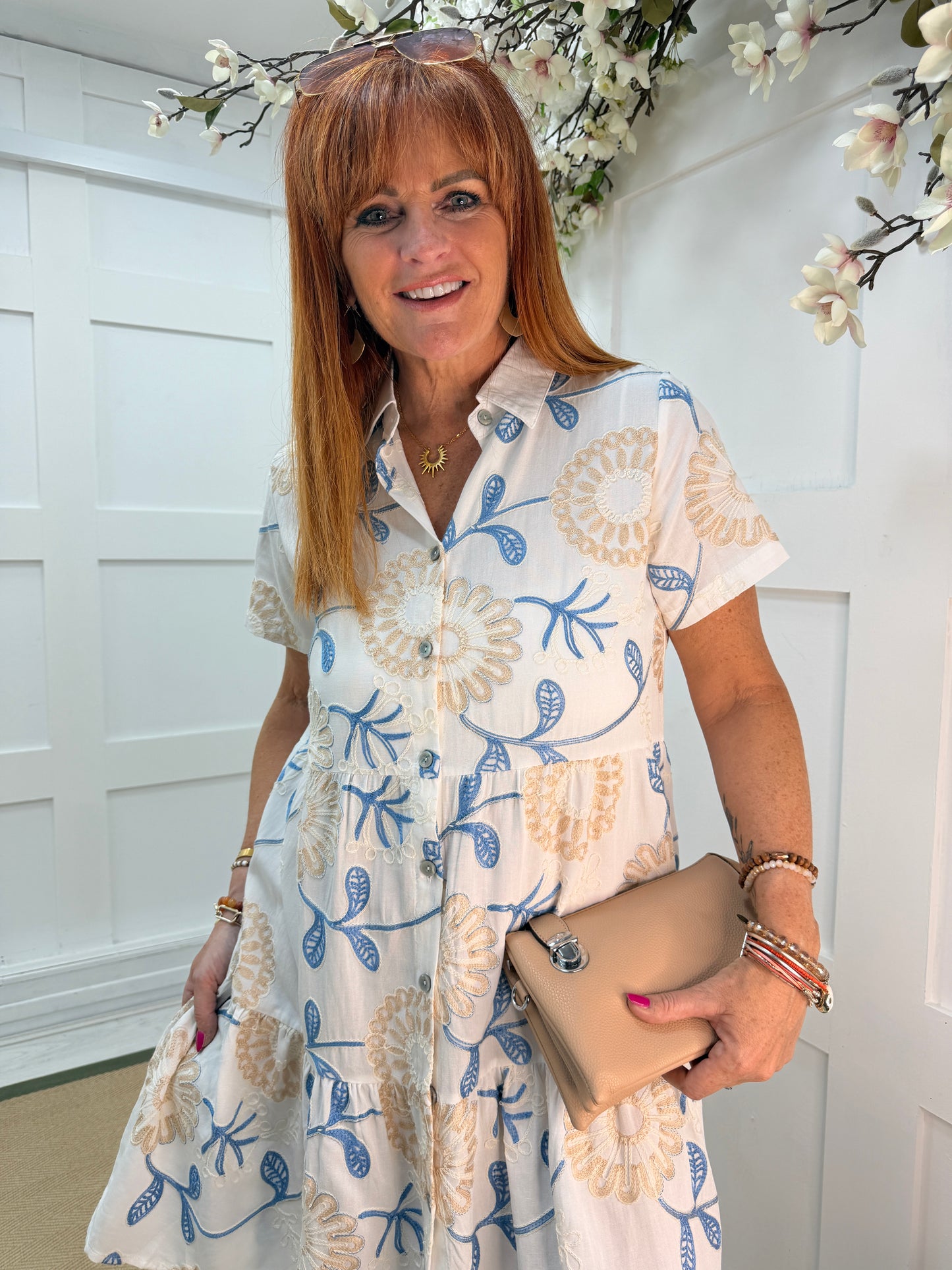 Emily: Floral embroidered button front midi dress. One size: 10-16. 3 colours