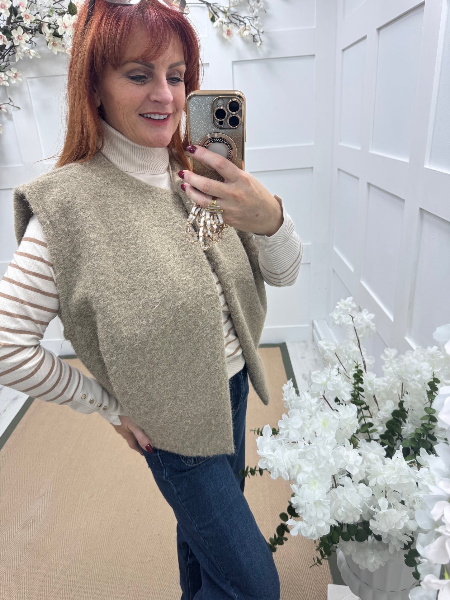 Nadia: Mocha plain pocket waistcoat. One size: 12-18