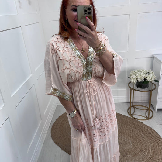 Zara: Peach embroidered maxi dress. One size: 12-18
