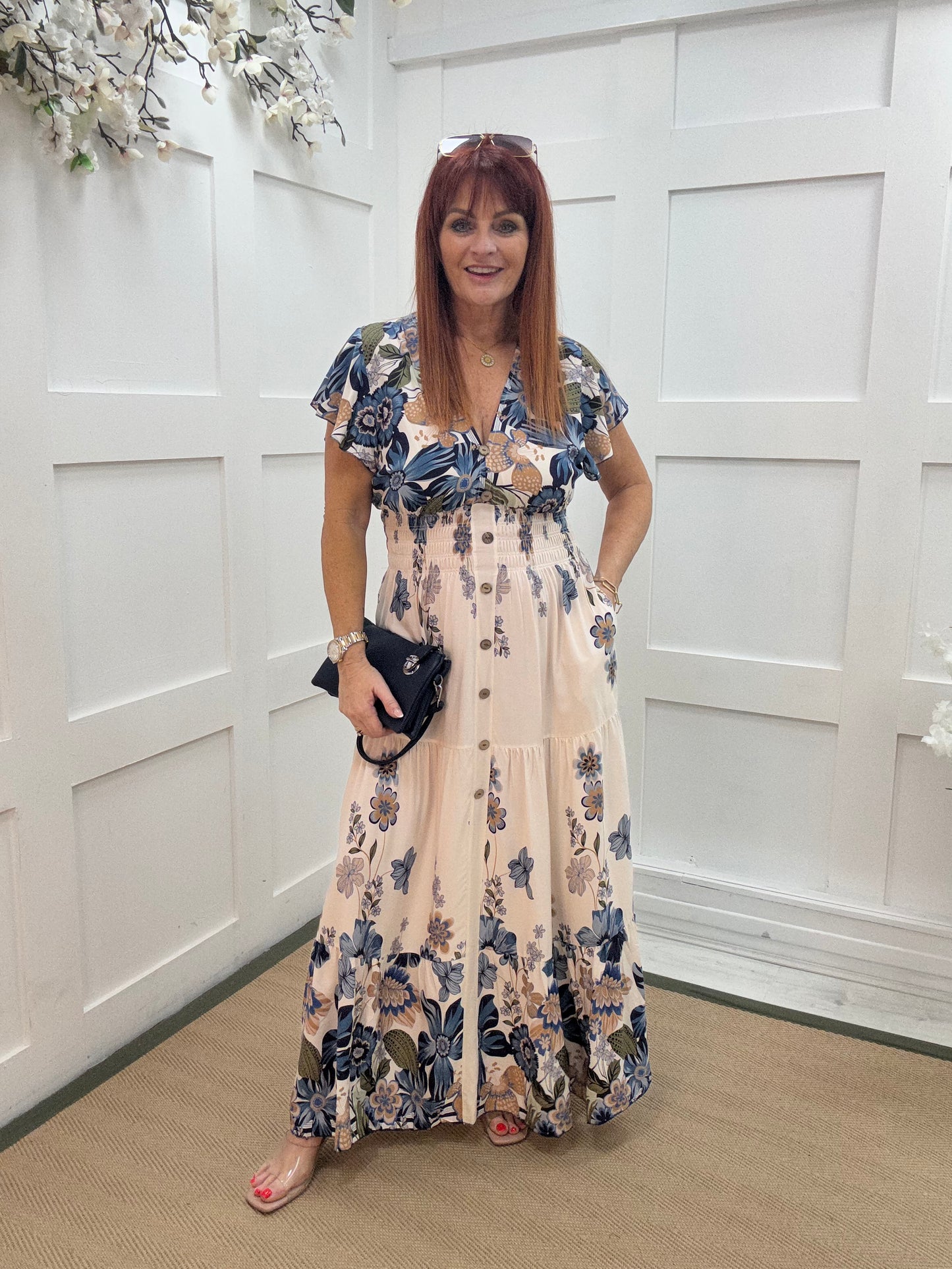 Aria: Blue & cream V neck stretchy maxi dress. One size: 10-18