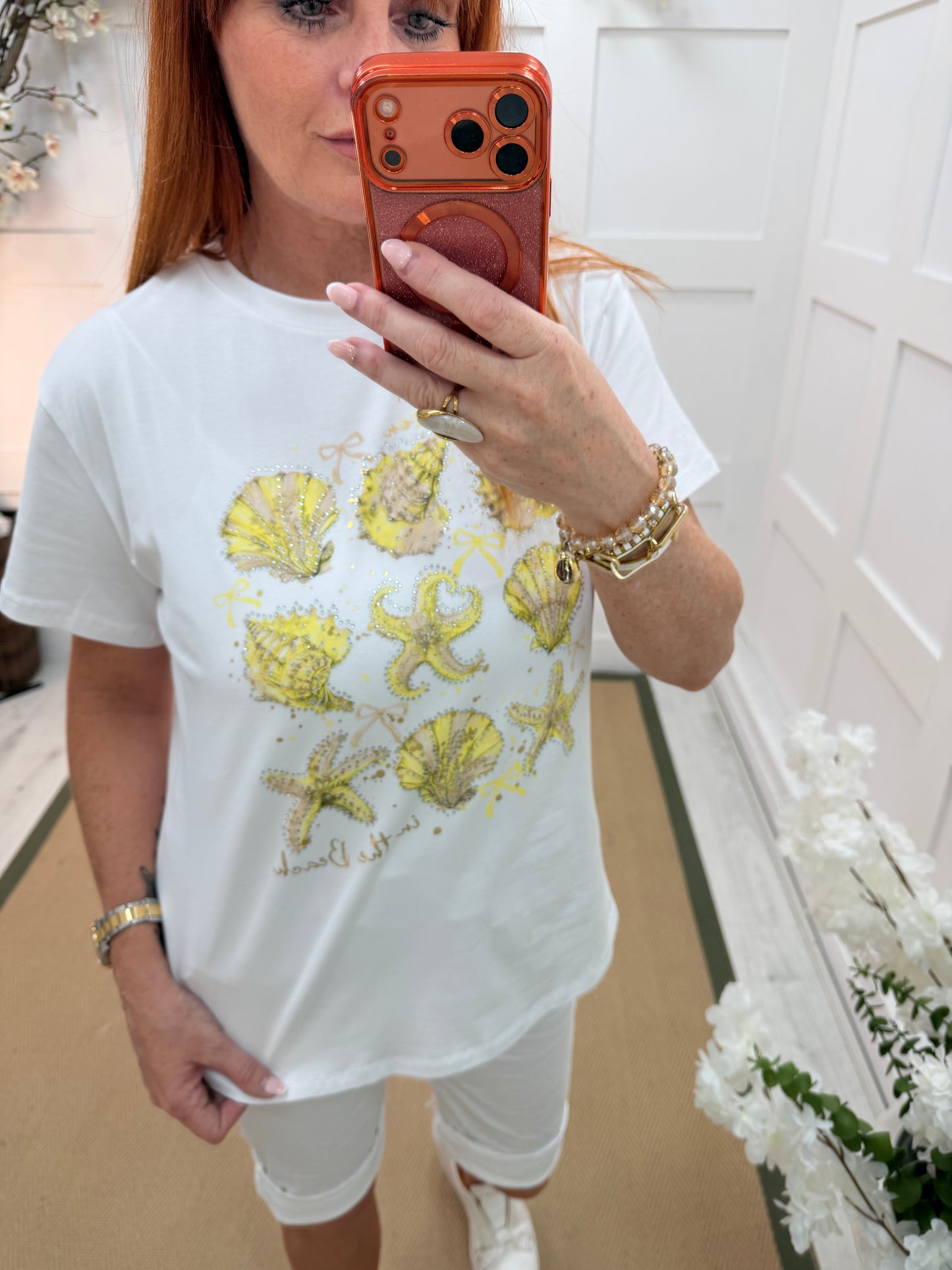 Skye: White diamanté seashell T shirt. One size: 12-18. 3 colours