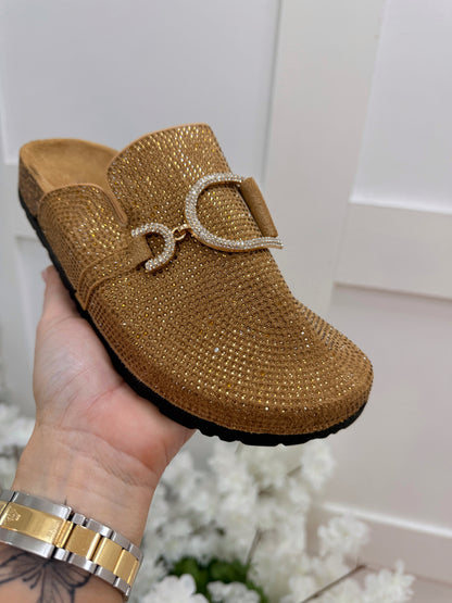 Mandie: Camel sparkle buckle mule. Sizes: 3-8