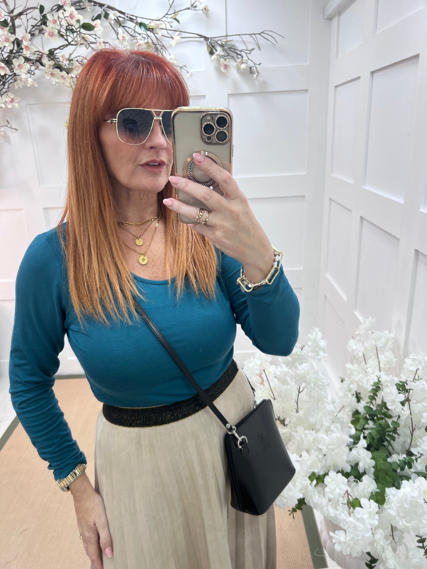 Bessie: Teal basic long sleeve top. One size: 10-16/18