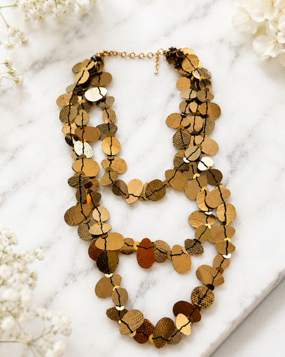 Tamsin: Gold 3 layer metal disc necklace.