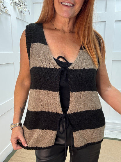 Ava: Black & mocha stripe knitted tie front waistcoat. One size: 12-18
