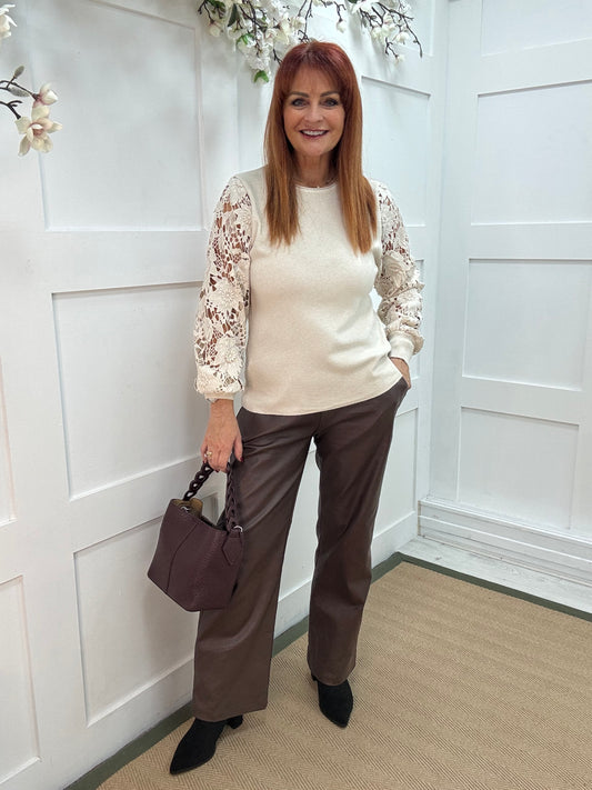 Gemma: Cream crochet balloon sleeve top. One size 12-16