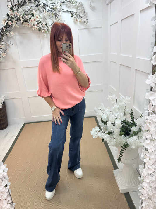 Sierra: Coral batwing fluted sleeve knitted top. One Size 12-18/20