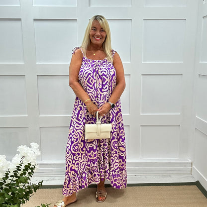 Kandi: Purple abstract print strappy maxi dress. One size 16-22