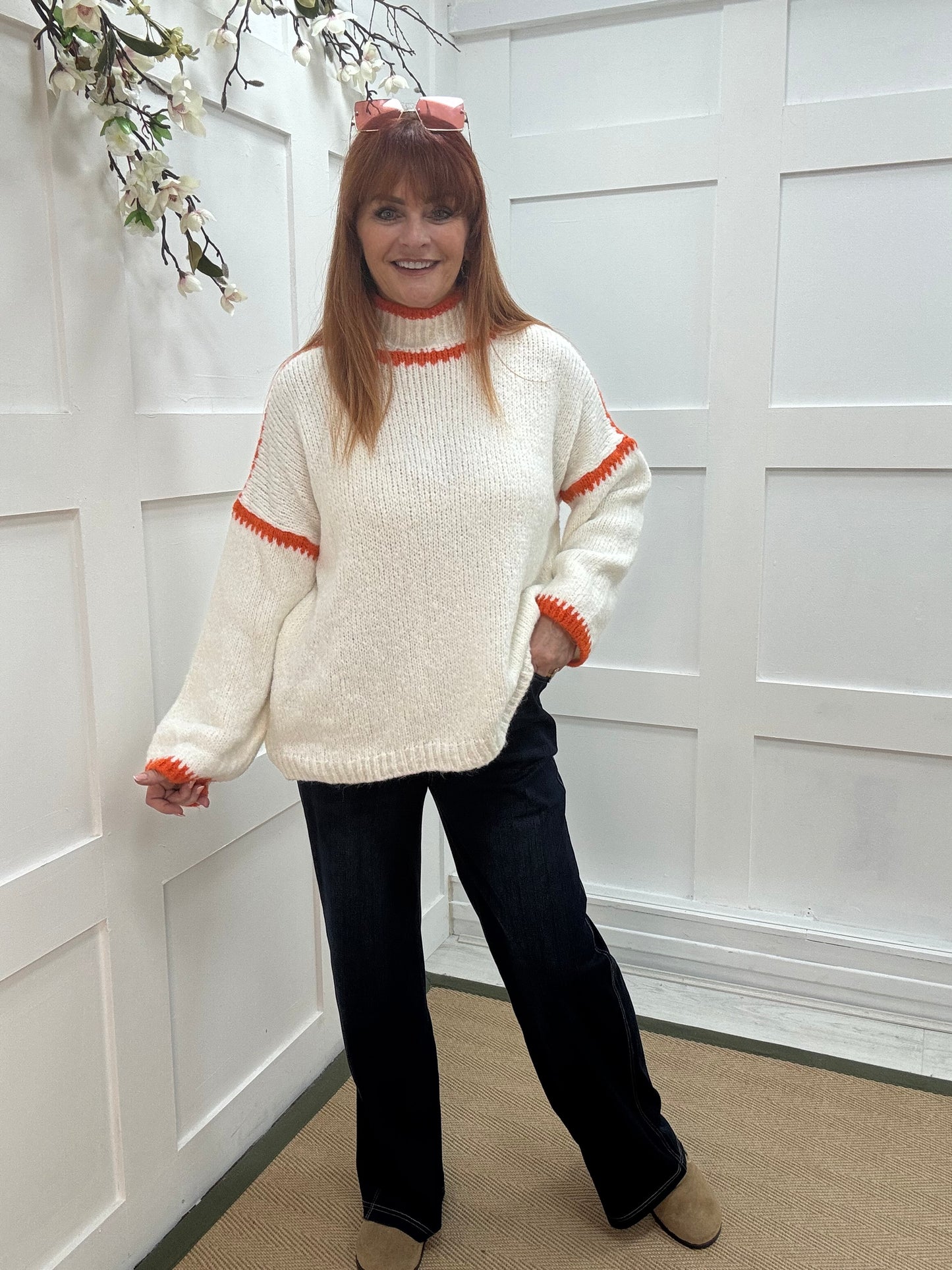 Sonia: White & orange slouchy jumper. One size 14-18