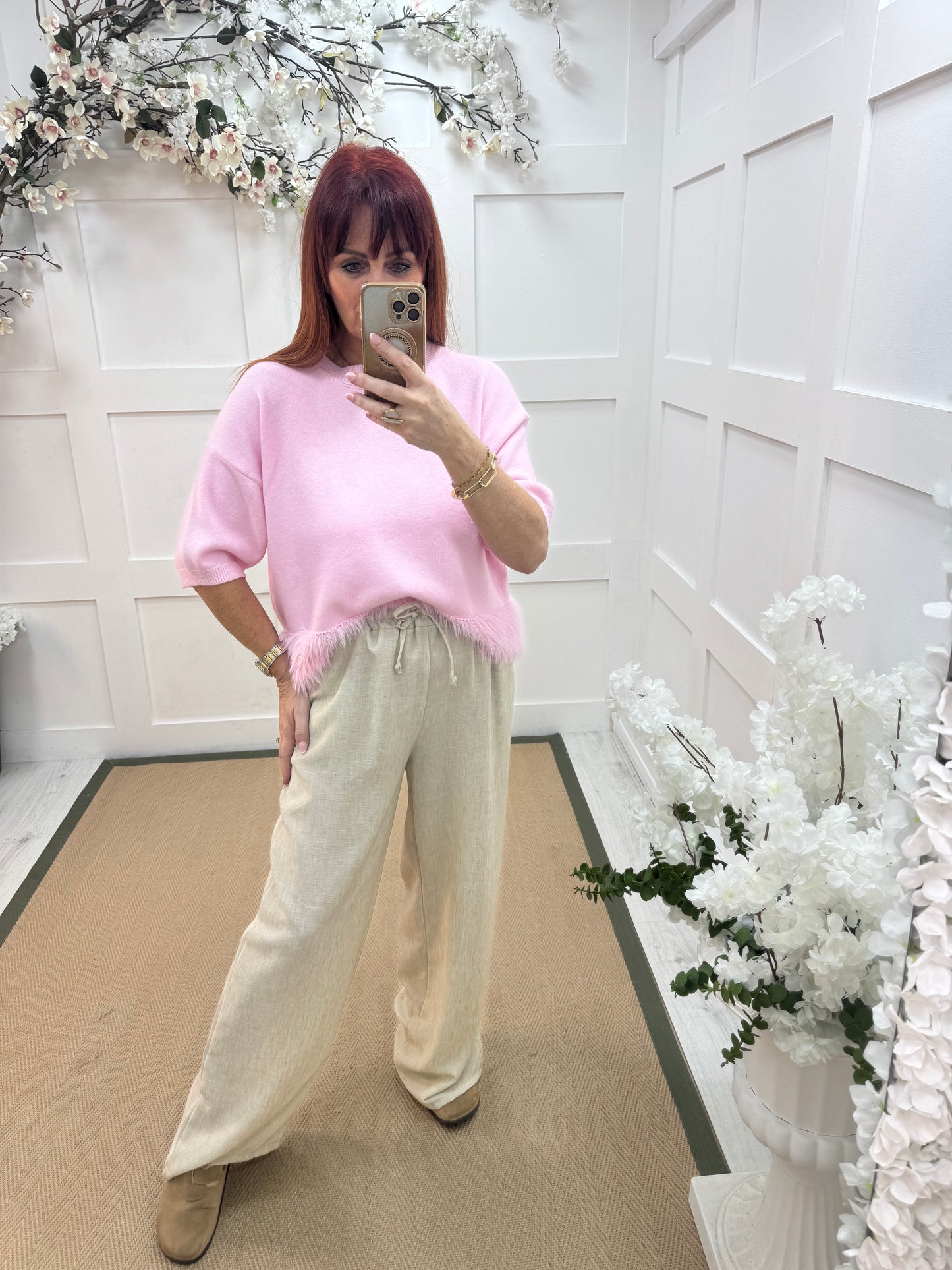 Leanne: Cream wide leg trousers. One size: 10-14