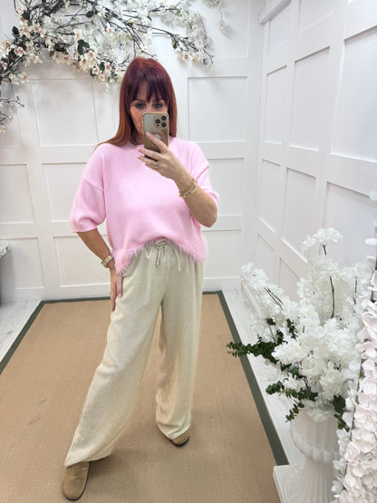 Leanne: Cream wide leg trousers. One size: 10-14