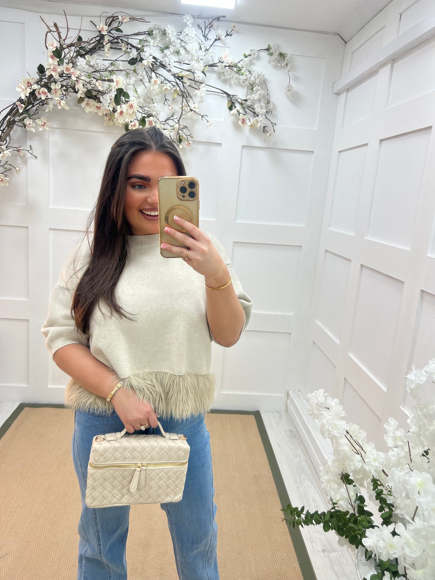 Honey: Beige fringe hem knit top. One size: 10-16