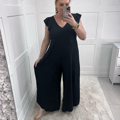 Aimee: Wide leg V neck jumpsuit. One size 10-18