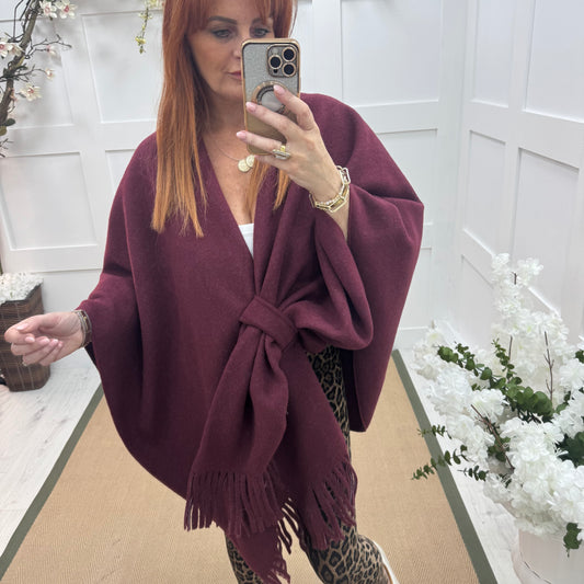 Candy: Burgundy wool fringe cape. Free size