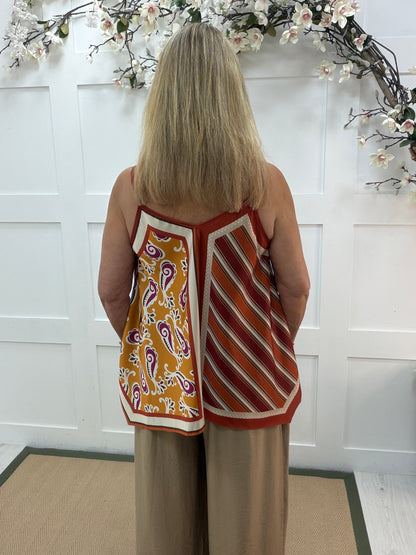 Tilly: Silky geometric printed V neck top. One size 10-16. 3 colours