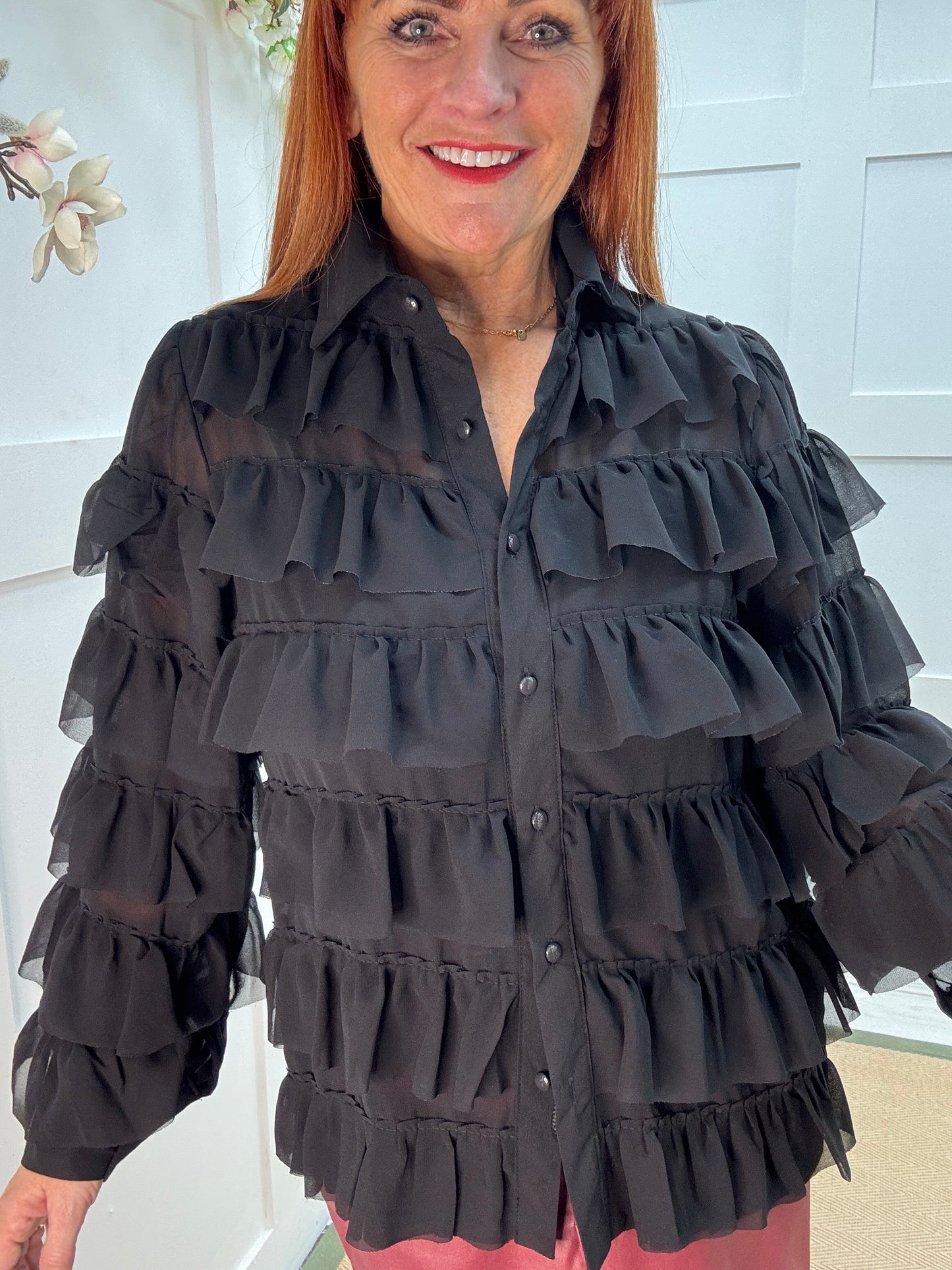 Jovana: Black ruffle blouse. 3 sizes xx