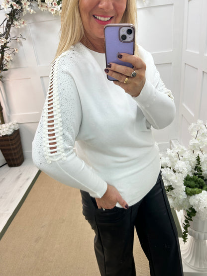 Arianne: White sparkle cutout shoulder top. One size: 12-16