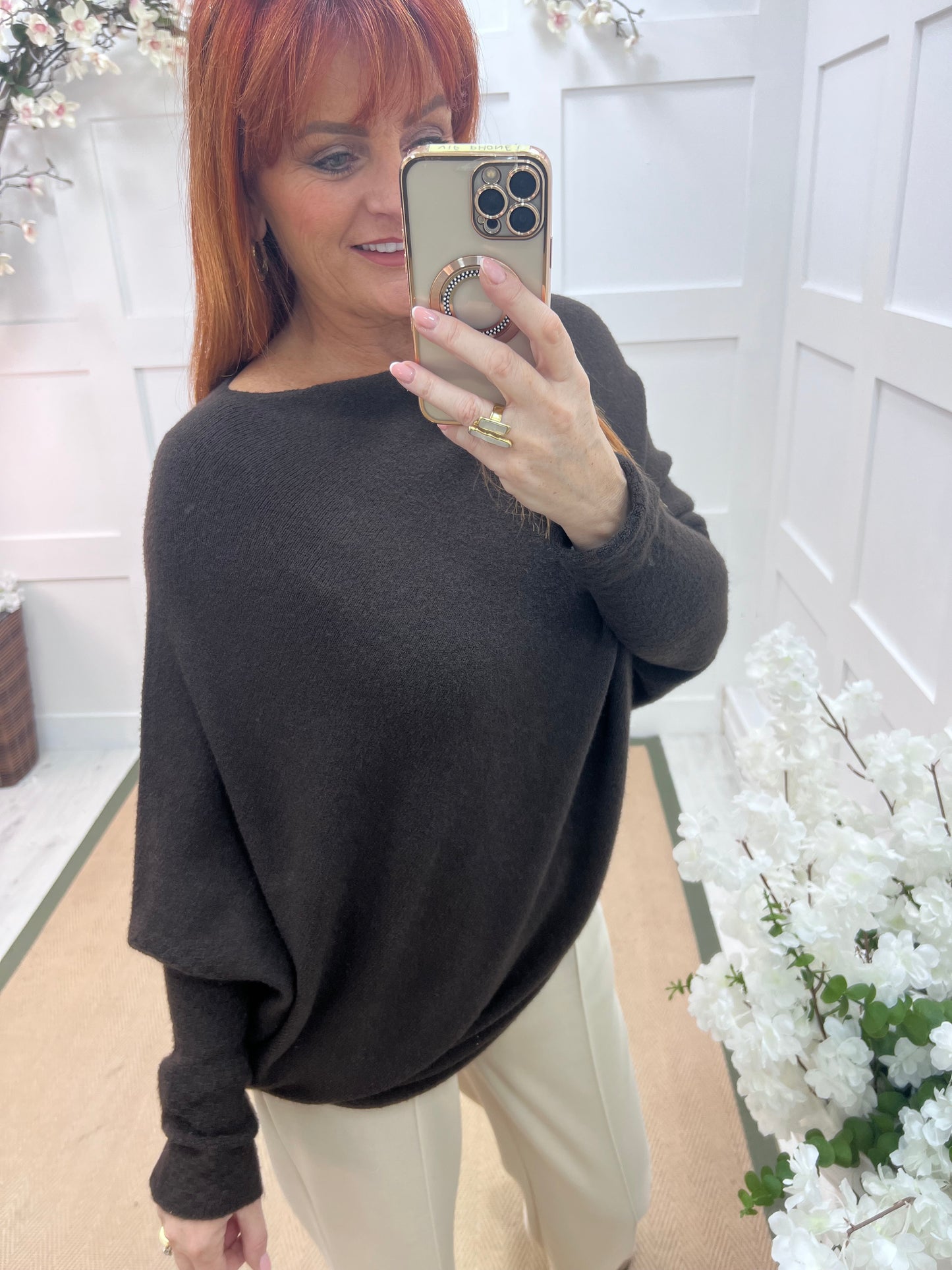 Erica: Dark brown asymmetrical slouch soft knit top. One size 10-18