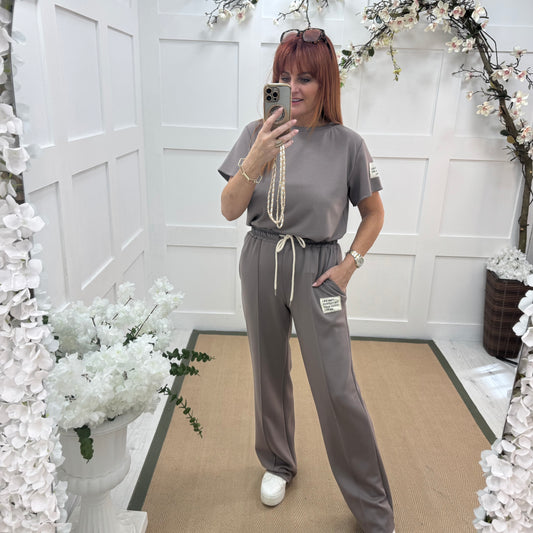 Dulce: Taupe top & trouser co-ord set. One size: 12-16/18