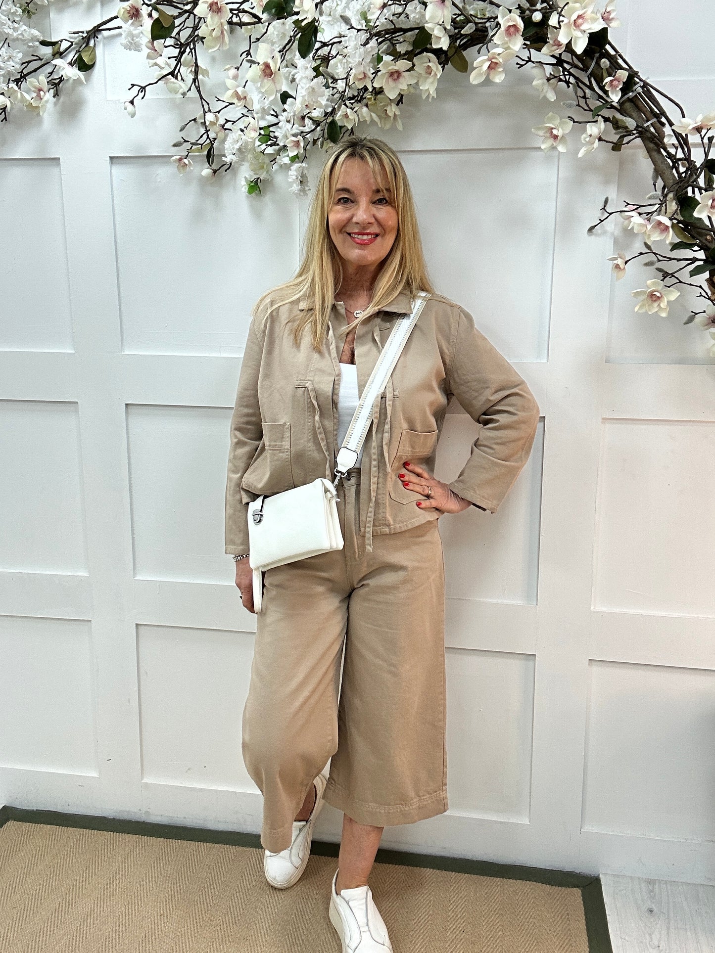 Jilly: Stone cotton tie front jacket. 2 Sizes