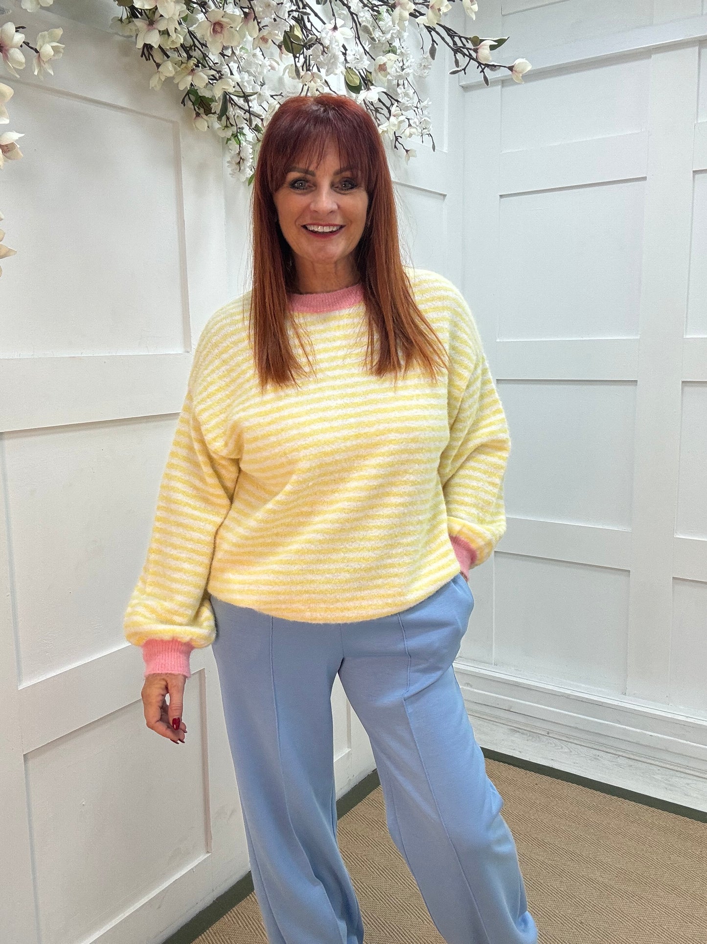 Amelia: Lemon stripe knitted top. One size: 12-16