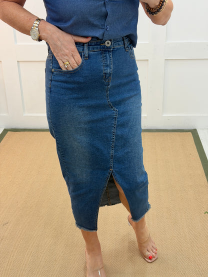 Perdy: Blue denim pencil midi skirt. 4 sizes.