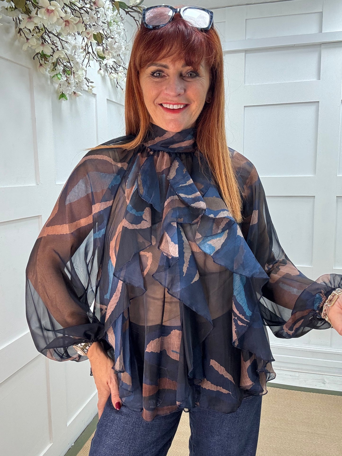 Paloma: Navy & mocha abstract sheer ruffle blouse. One size: 10-16