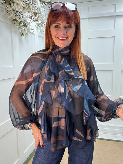 Paloma: Navy & mocha abstract sheer ruffle blouse. One size: 10-16