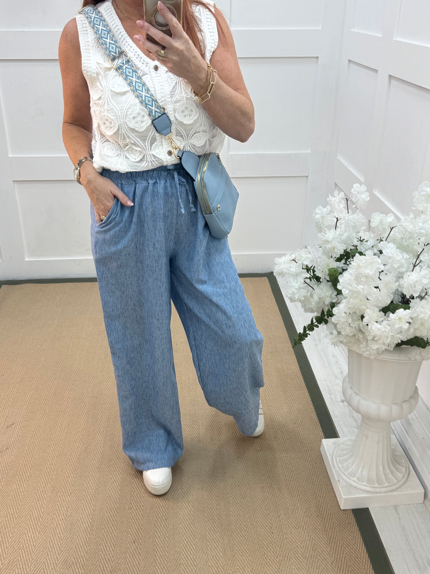 Leanne: Blue wide leg trousers. One size: 10-14
