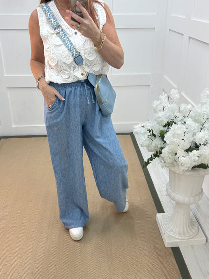Leanne: Blue wide leg trousers. One size: 10-14