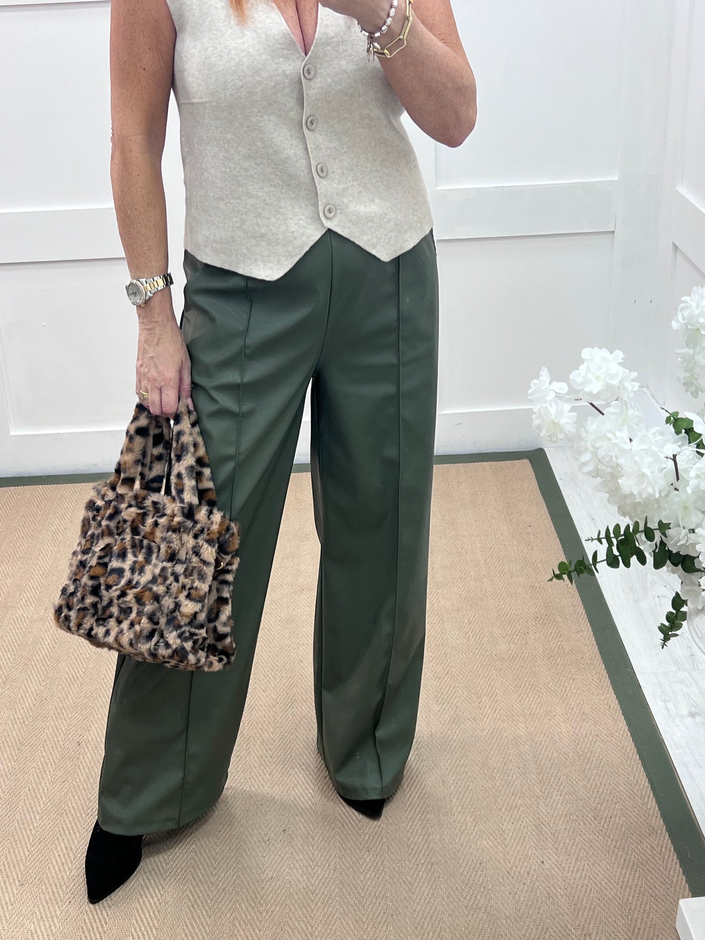 Tabatha: Khaki faux leather trousers. One size: 12-16