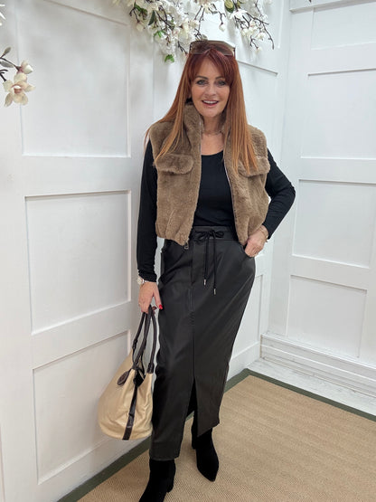 Effie: Camel teddy bear faux fur gilet. One size 8-14