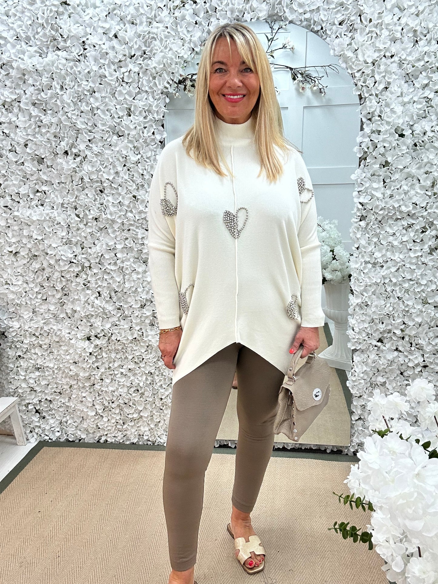 Eliana: Cream beaded heart knit top. One size: 14-20