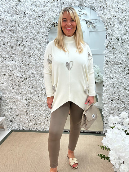 Eliana: Cream beaded heart knit top. One size: 14-20
