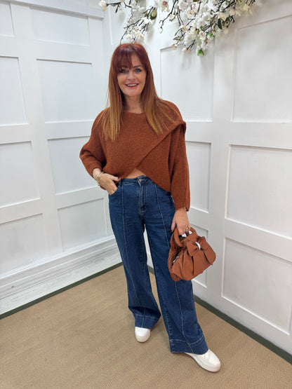 Willow: Burnt orange stretchy short wrap top. One size: 10-18