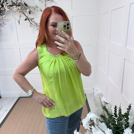 Jenna: Lime silk sleeveless top. One size 10-18