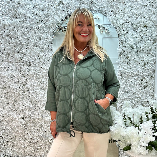 Malin: Khaki quilted hooded jacket. One size: 12-20