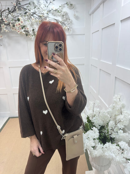 Eleanor: Brown and cream heart wool top. One size: 12-18