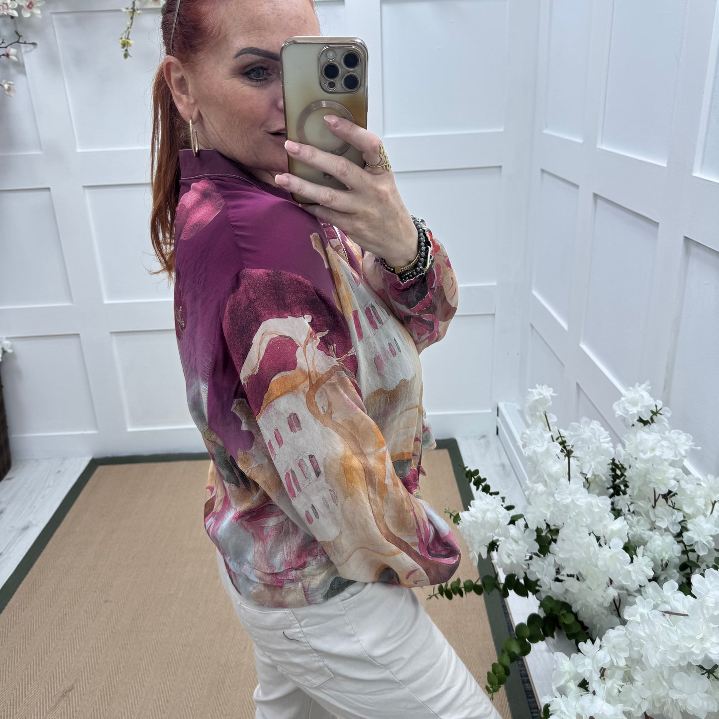 Sutton: Silky burgundy tree printed bomber jacket. One size: 8-18