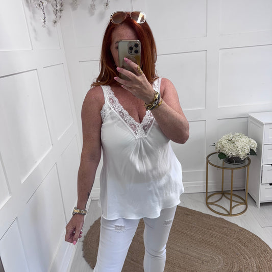 Sylvie: White strappy silky lace vest top. One size 10-16