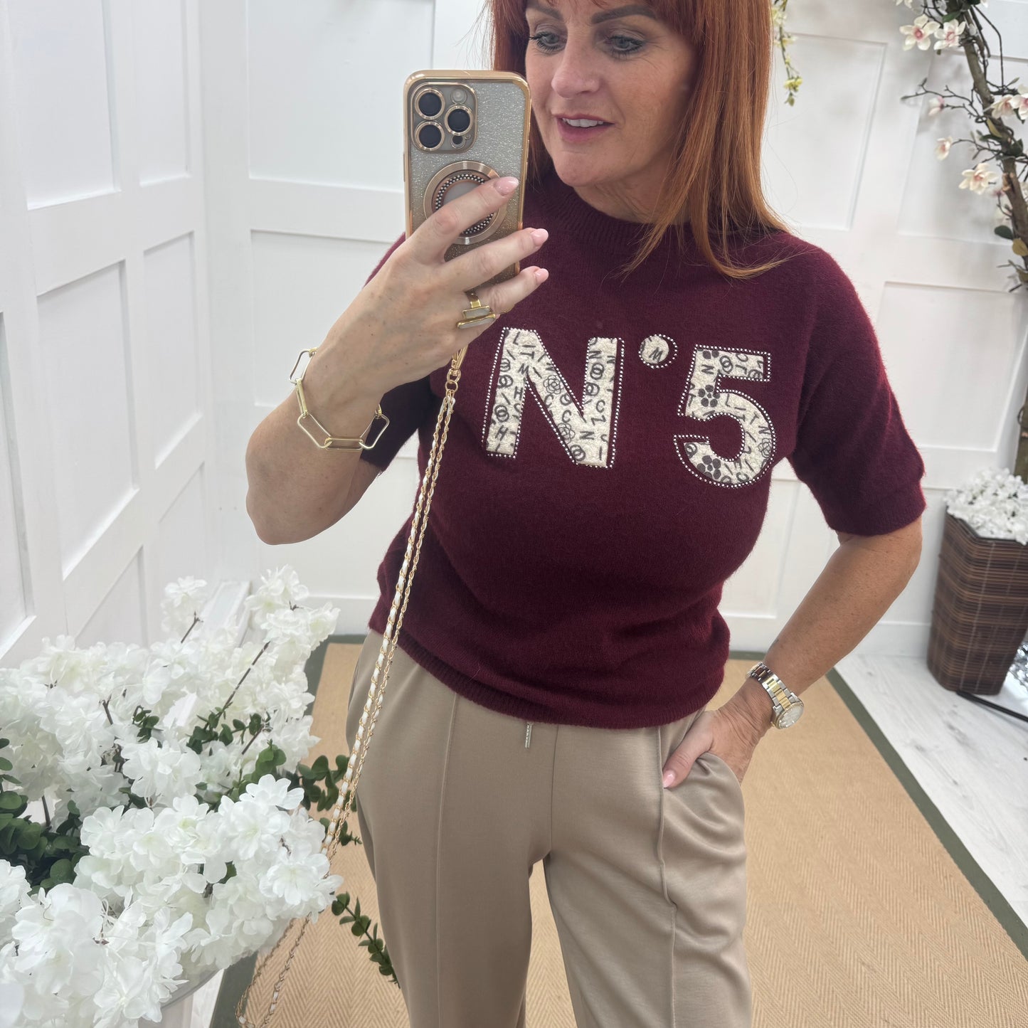 Chantelle: Burgundy No 5 logo knit top. One size: 10-16