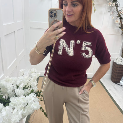 Chantelle: Burgundy No 5 logo knit top. One size: 10-16