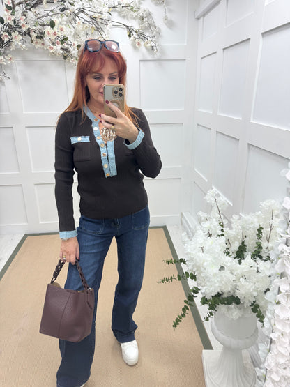 Harley: Brown blue & denim long sleeve top. One Sz: 10-16