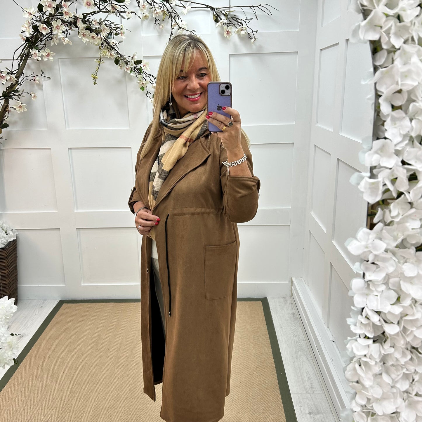 Marina: Brown long suedette trench coat. One size 12-18