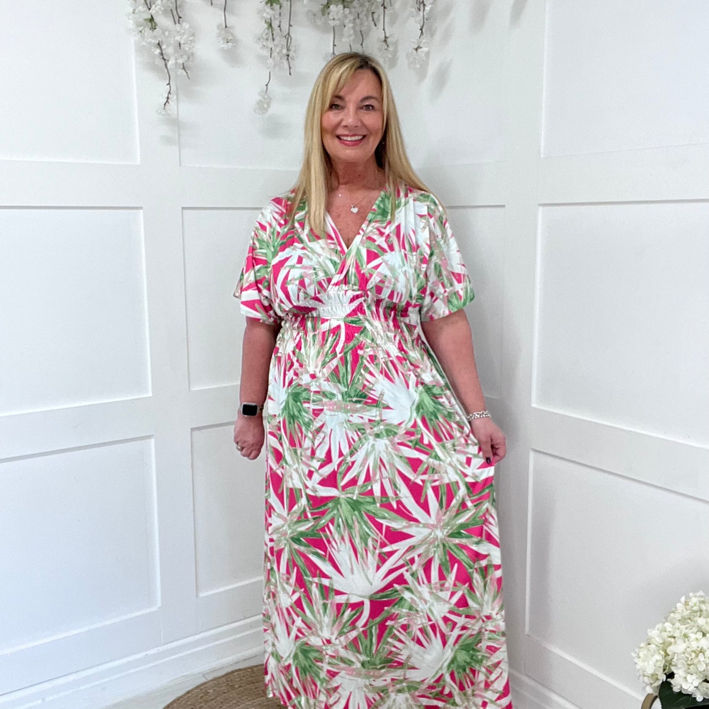 Eva: Stretchy pink & green palm maxi dress. One size 12-24