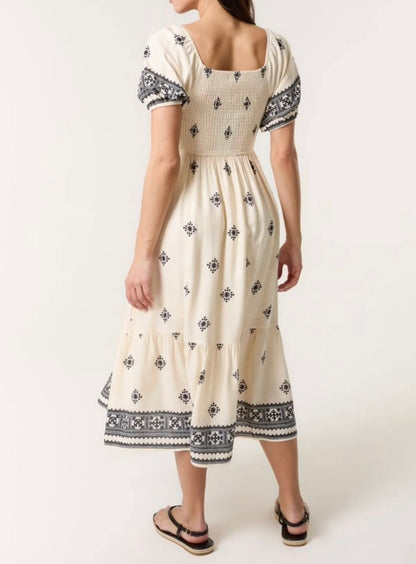 Pamela: Cream & black embroidered dress. 3 sizes