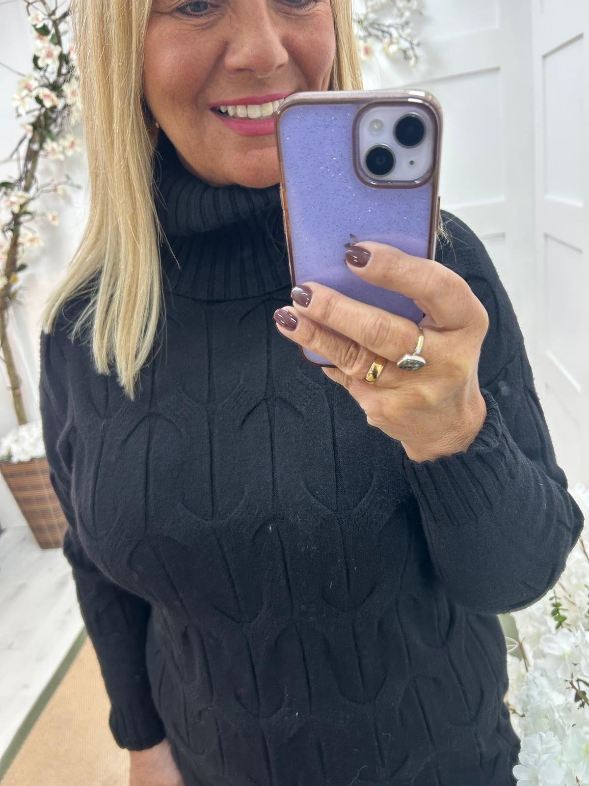 Destiny: Black high neck knitted jumper dress. One Sz: 12-18